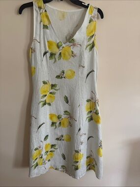 Italian Linen White Midi Dress with Yellow Lemon Print